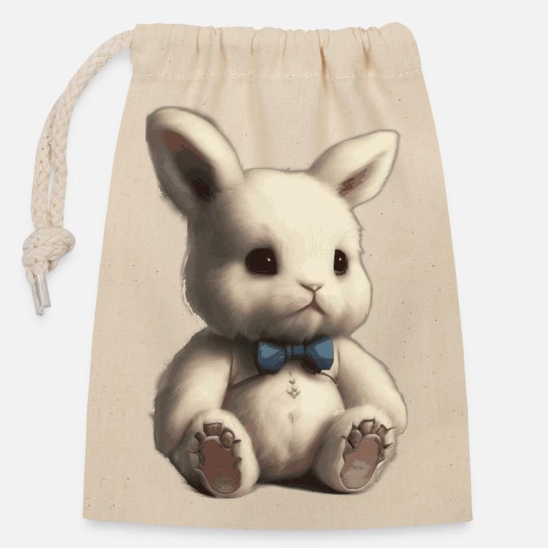 Lapin en peluche - Sac cadeau en coton avec cordon (14 x 20 cm) - nature