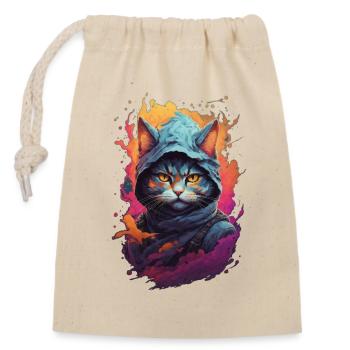 Feuriger Katzenkrieger: Detaillierte Ninja-Katze - Verschließbarer Geschenkbeutel aus Baumwolle (14x20cm) - Natur - Vorne