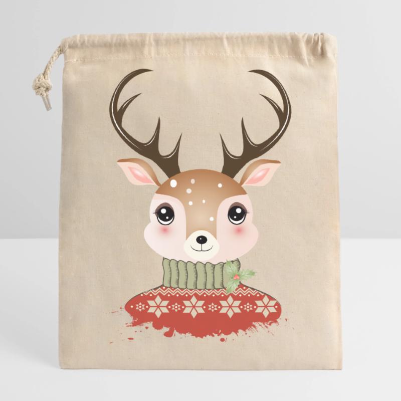 cerf chic mignon avec pull de Noël Sac cadeau en coton avec cordon (14 x 20 cm)