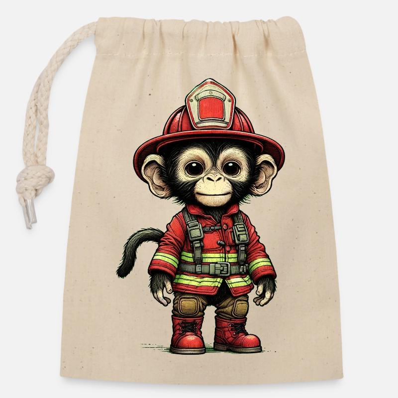 Kleiner Feuerwehraffe mit Outfit - Verschließbarer Geschenkbeutel aus Baumwolle (14x20cm) - Natur