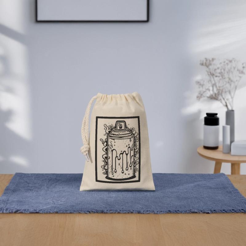 Comic spray can with drops in frame Closable cotton gift bag (14x20cm)