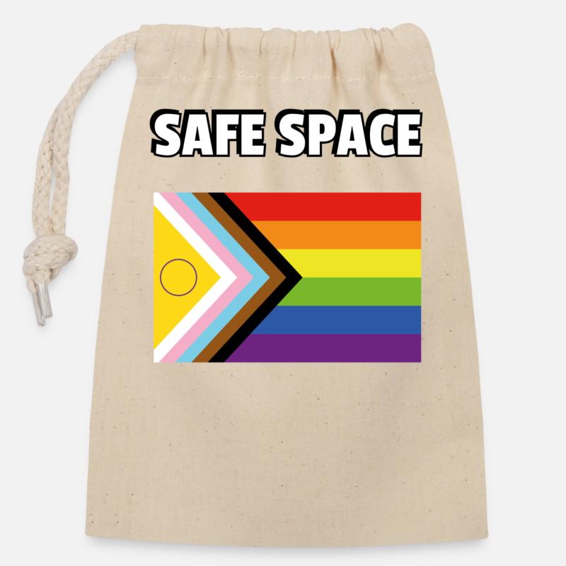 SAFE SPACE Inklusive Pride-Fortschrittsflagge - Verschließbarer Geschenkbeutel aus Baumwolle (14x20cm) - Natur