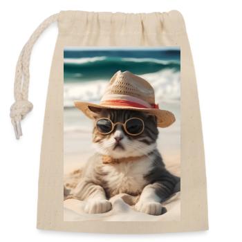 Chat cool sur la plage avec lunettes de soleil et chapeau - Sac cadeau en coton avec cordon (14 x 20 cm) - nature - Devant