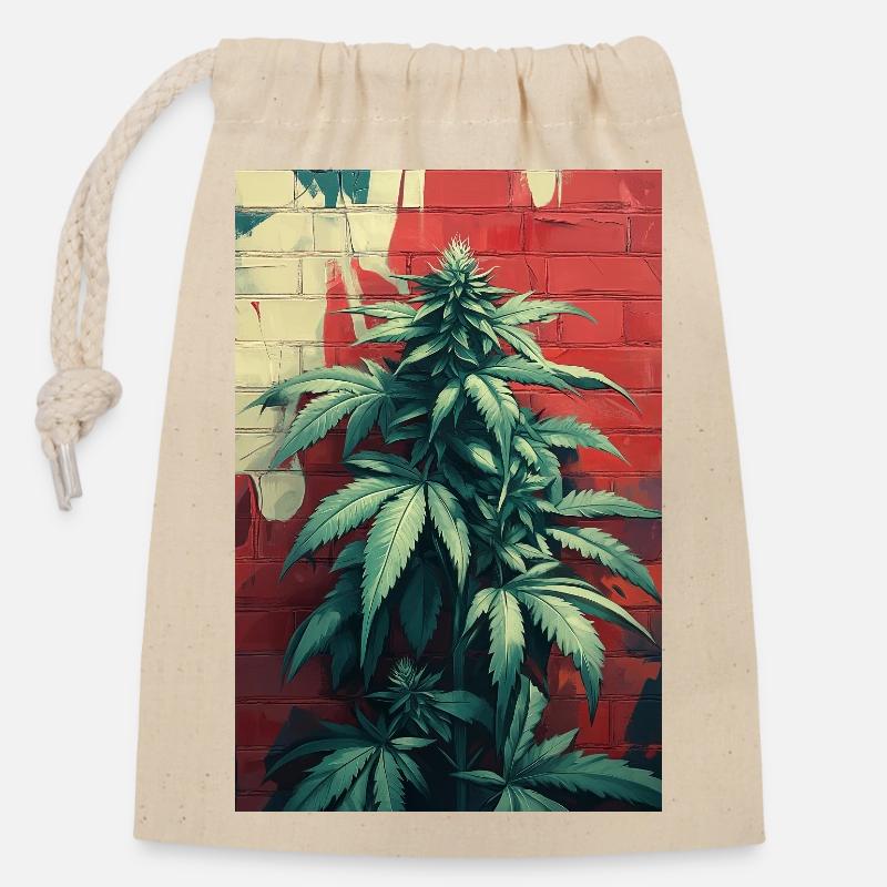 Graffiti de cannabis Mur Vert - Sac cadeau en coton avec cordon (14 x 20 cm) - nature
