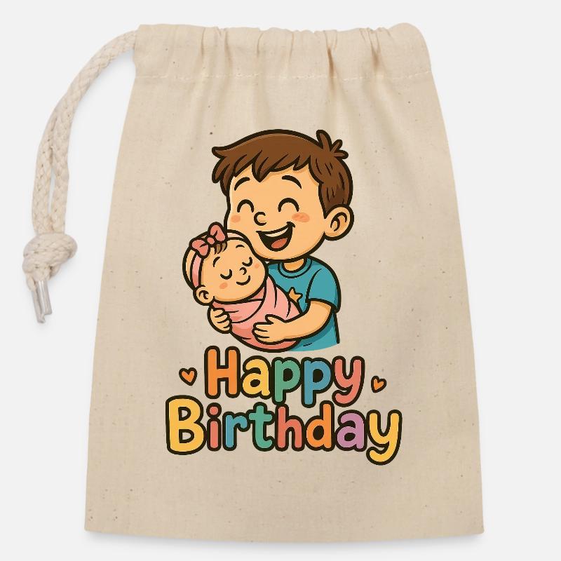 Herzlicher Kindergeburtstag mit Geschwisterpaar - Verschließbarer Geschenkbeutel aus Baumwolle (14x20cm) - Natur