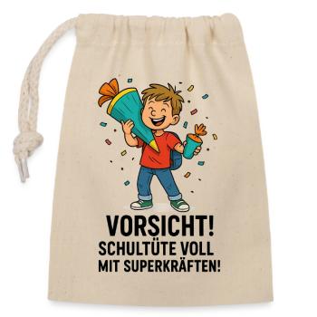 Schultüte Superkräfte Einschulung - Verschließbarer Geschenkbeutel aus Baumwolle (14x20cm) - Natur - Vorne
