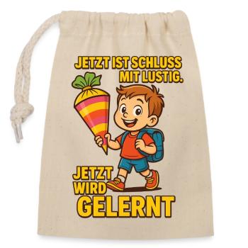Lustiges 1 Schultag Motiv - Verschließbarer Geschenkbeutel aus Baumwolle (14x20cm) - Natur - Vorne