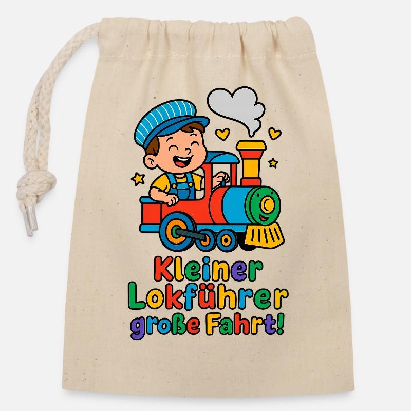 Little train driver, big ride - Closable cotton gift bag (14x20cm) - nature