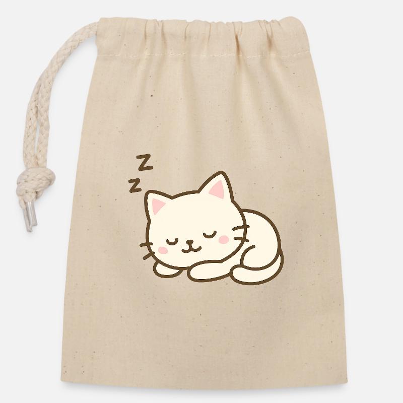 Chat endormi - Sac cadeau en coton avec cordon (14 x 20 cm) - nature