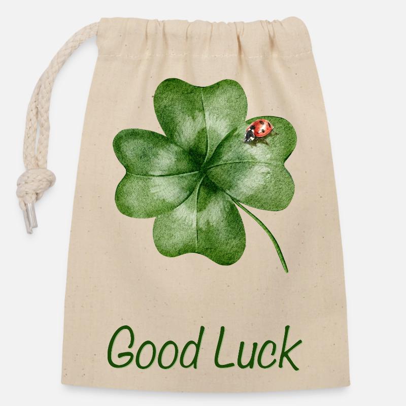 Bonne chance – Trèfle avec coccinelle - Sac cadeau en coton avec cordon (14 x 20 cm) - nature