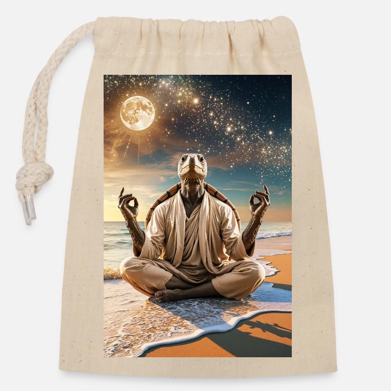 Tortue humanoïde méditant sous la lune - Sac cadeau en coton avec cordon (14 x 20 cm) - nature