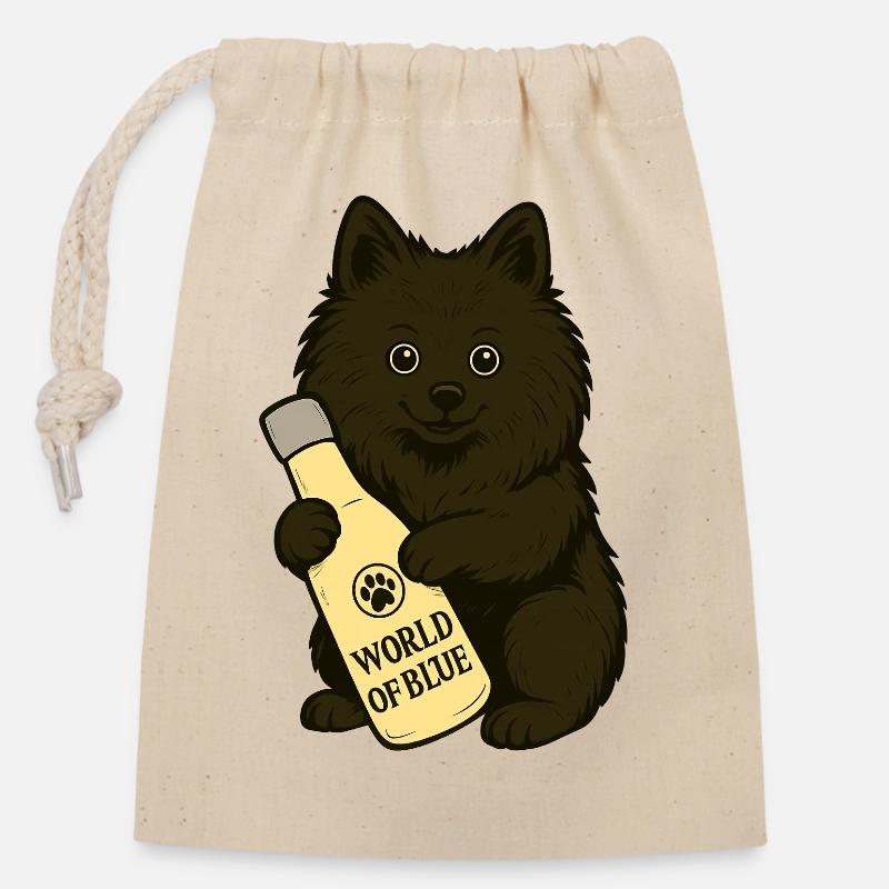 Spitz mignon (chien) avec bouteille - Sac cadeau en coton avec cordon (14 x 20 cm) - nature