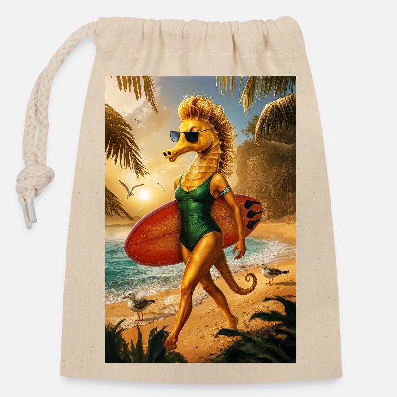 Surfeur Humanoïde Hippocampe - Sac cadeau en coton avec cordon (14 x 20 cm) - nature