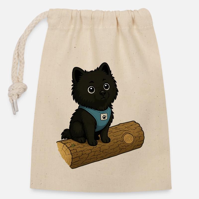 Chien mignon avec tronc d’arbre - Sac cadeau en coton avec cordon (14 x 20 cm) - nature