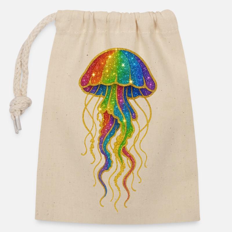 Glitzernder Regenbogenqualle Print - Verschließbarer Geschenkbeutel aus Baumwolle (14x20cm) - Natur