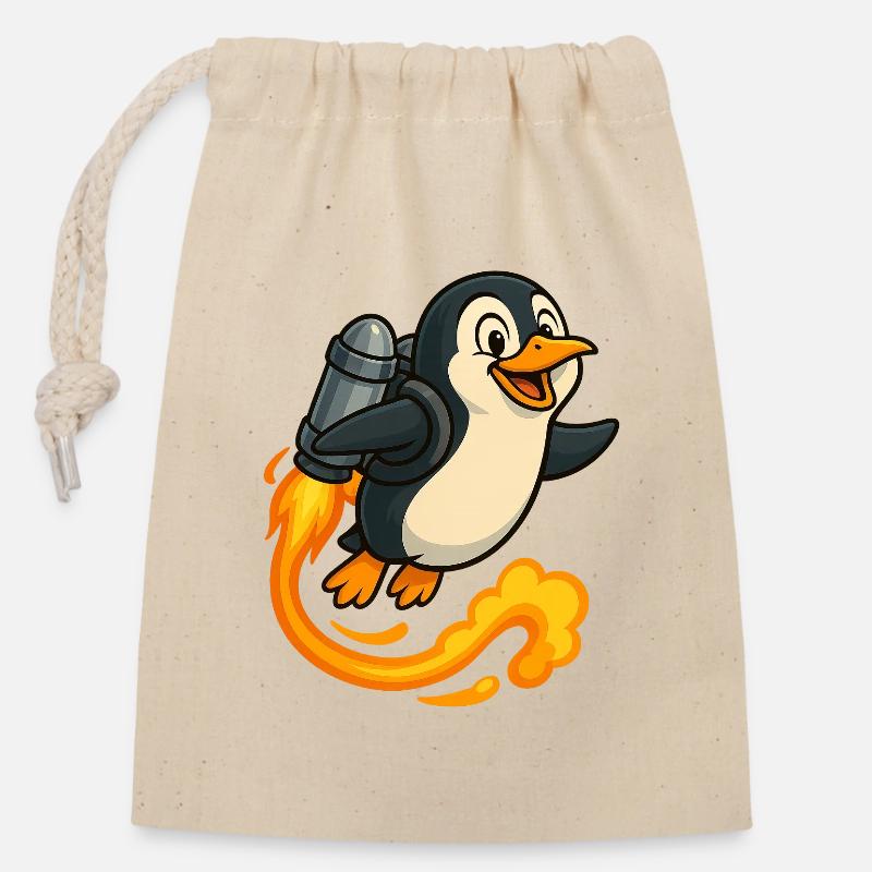 Verspielter Pinguin Raketenflug - Verschließbarer Geschenkbeutel aus Baumwolle (14x20cm) - Natur