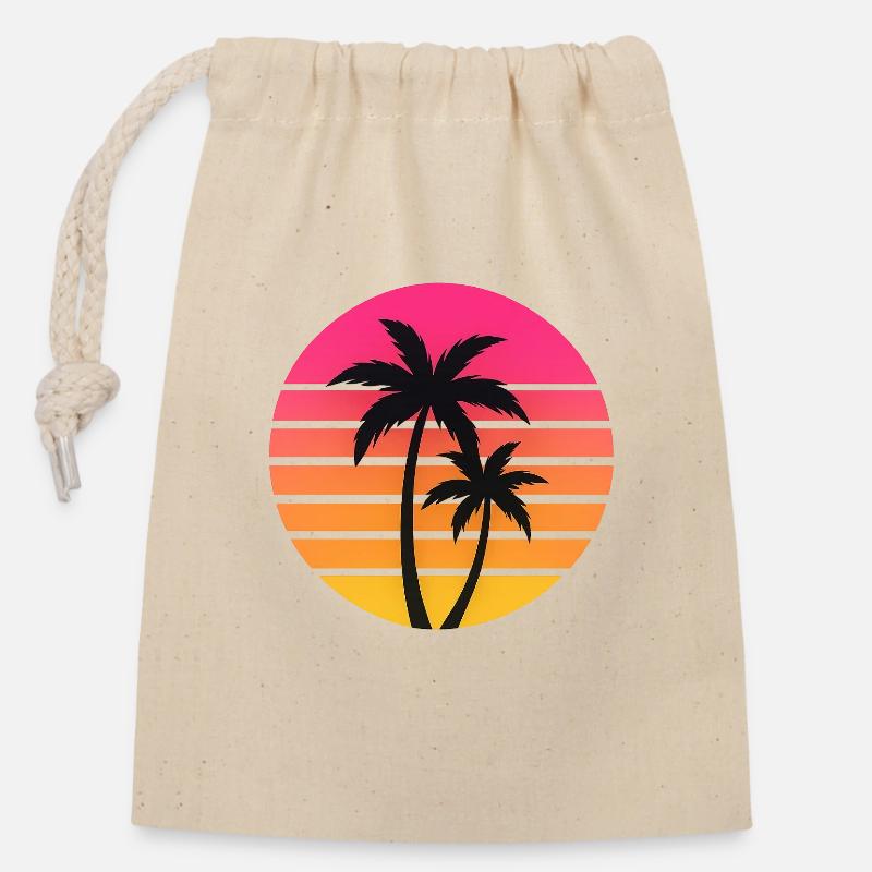 Coucher de soleil palmiers Silhouette Retro - Sac cadeau en coton avec cordon (14 x 20 cm) - nature