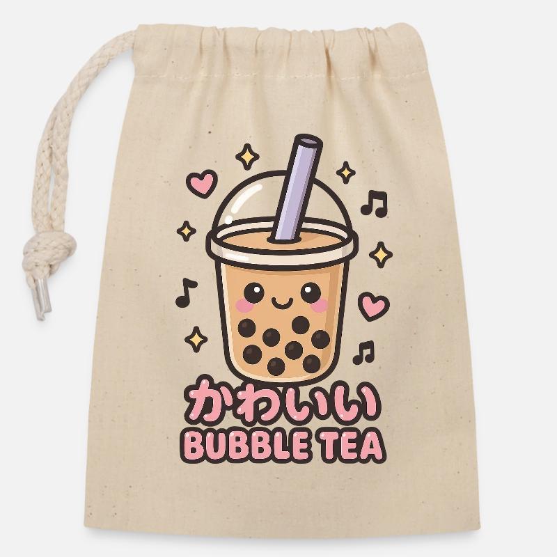 Kawaii Bubble Tea Sticker - Verschließbarer Geschenkbeutel aus Baumwolle (14x20cm) - Natur