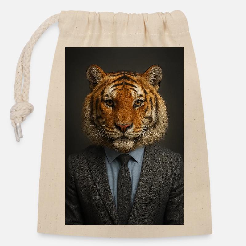 Tiger im Anzug Büro-Chic - Verschließbarer Geschenkbeutel aus Baumwolle (14x20cm) - Natur