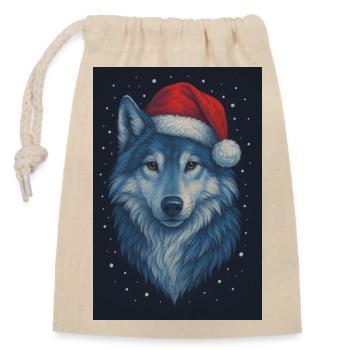 Loup nordique au chapeau de Noël - Sac cadeau en coton avec cordon (14 x 20 cm) - nature - Devant
