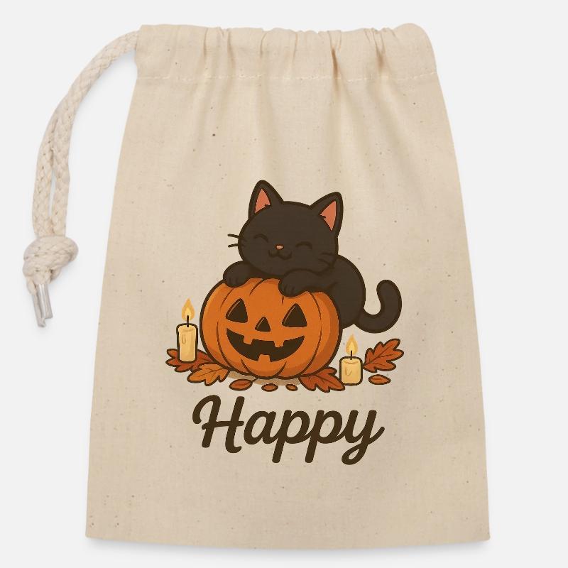 Halloween Schwarze Katze – Glücklich - Verschließbarer Geschenkbeutel aus Baumwolle (14x20cm) - Natur