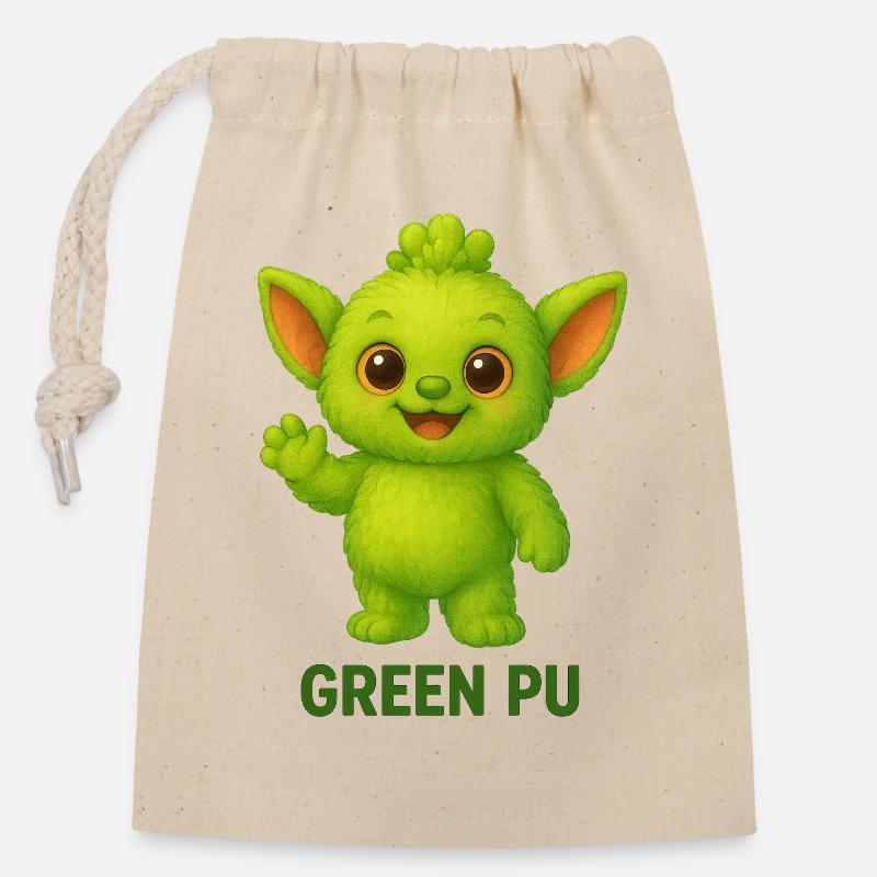 Mascotte de créature Pu verte - Sac cadeau en coton avec cordon (14 x 20 cm) - nature