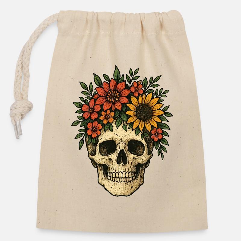 Blumiger Schädel - Verschließbarer Geschenkbeutel aus Baumwolle (14x20cm) - Natur