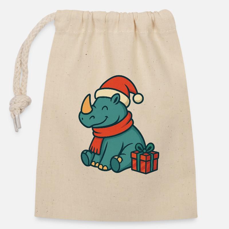 Christmas_Rhino_Retro - Verschließbarer Geschenkbeutel aus Baumwolle (14x20cm) - Natur