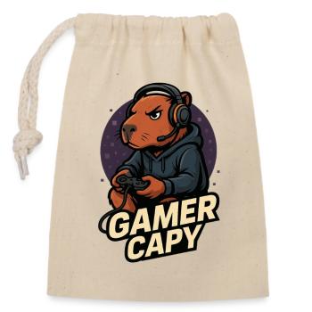 Gamer Capy – Cute Capybara Gamer 🎮
 - Verschließbarer Geschenkbeutel aus Baumwolle (14x20cm) - Natur - Vorne