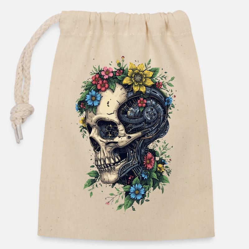Blumen-Schädel- und Steampunk-Maschine - Verschließbarer Geschenkbeutel aus Baumwolle (14x20cm) - Natur