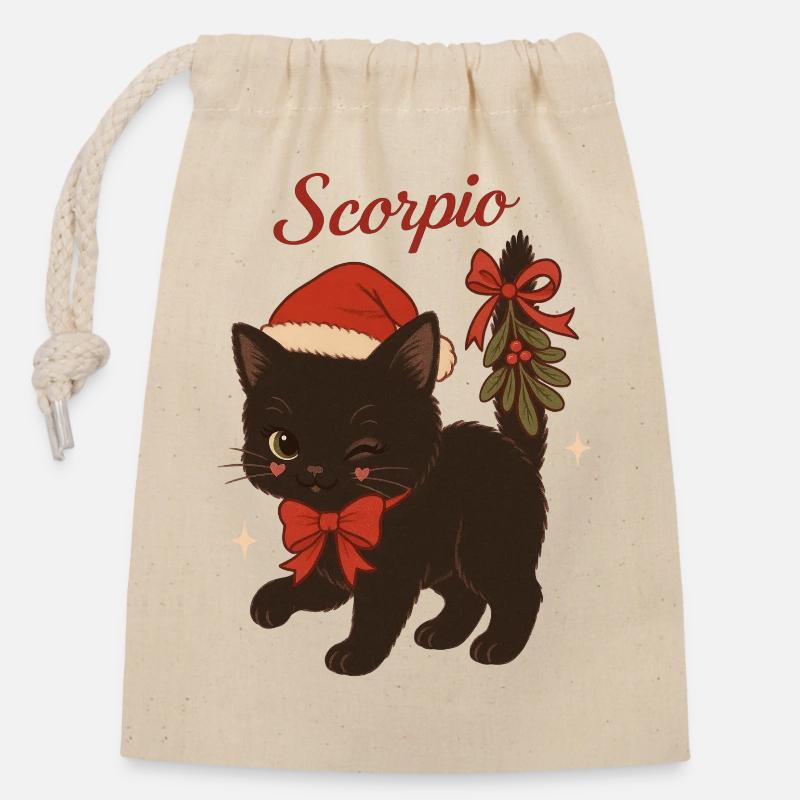Chat Scorpion dans une lueur festive - Sac cadeau en coton avec cordon (14 x 20 cm) - nature