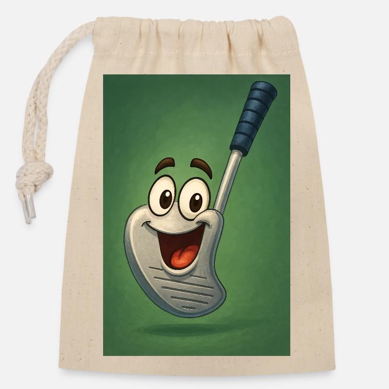 Happy Golf Club with Face - Closable cotton gift bag (14x20cm) - nature