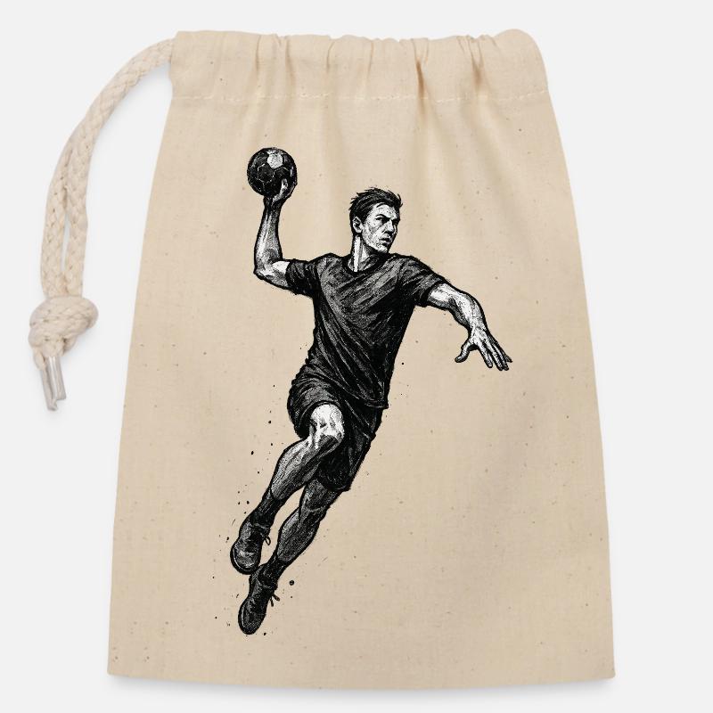 Dynamischer Handballer in Schwarzillustration - Verschließbarer Geschenkbeutel aus Baumwolle (14x20cm) - Natur