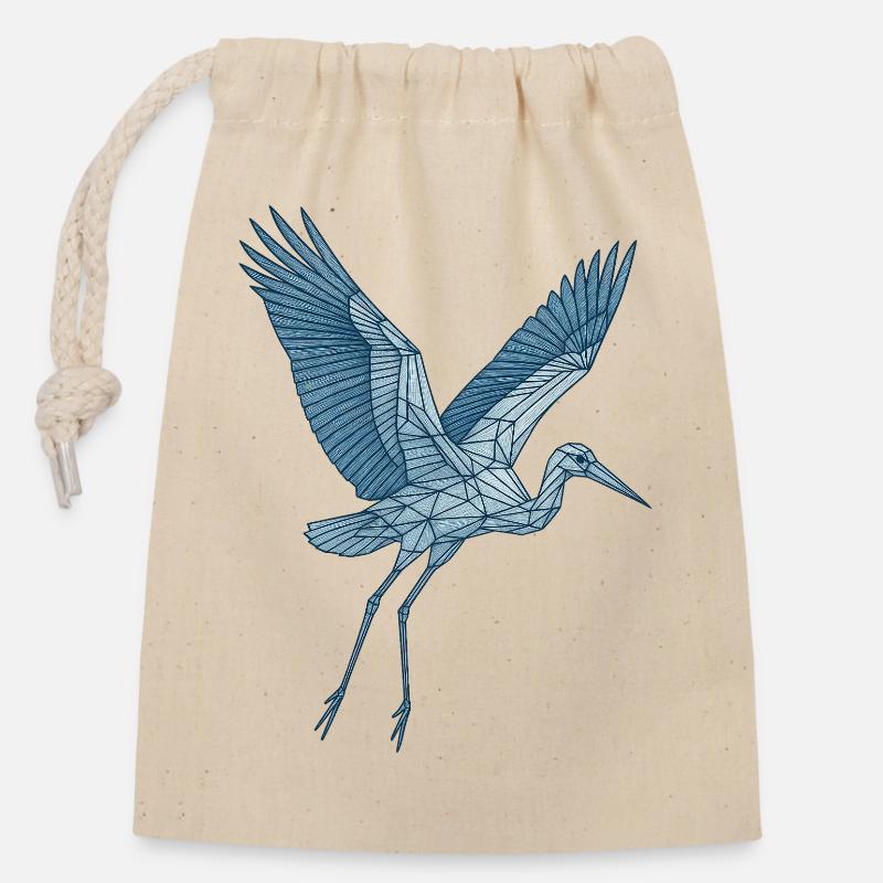 Blauer Storch | Geometrischer Blau Kranich - Verschließbarer Geschenkbeutel aus Baumwolle (14x20cm) - Natur