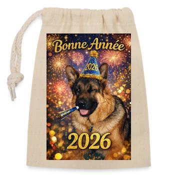 Frohes neues Jahr 2026 Festhund - Verschließbarer Geschenkbeutel aus Baumwolle (14x20cm) - Natur - Vorne