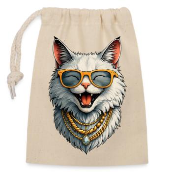 Happy Lady Cat -  Sonnenbrille & Goldketten - Verschließbarer Geschenkbeutel aus Baumwolle (14x20cm) - Natur - Vorne