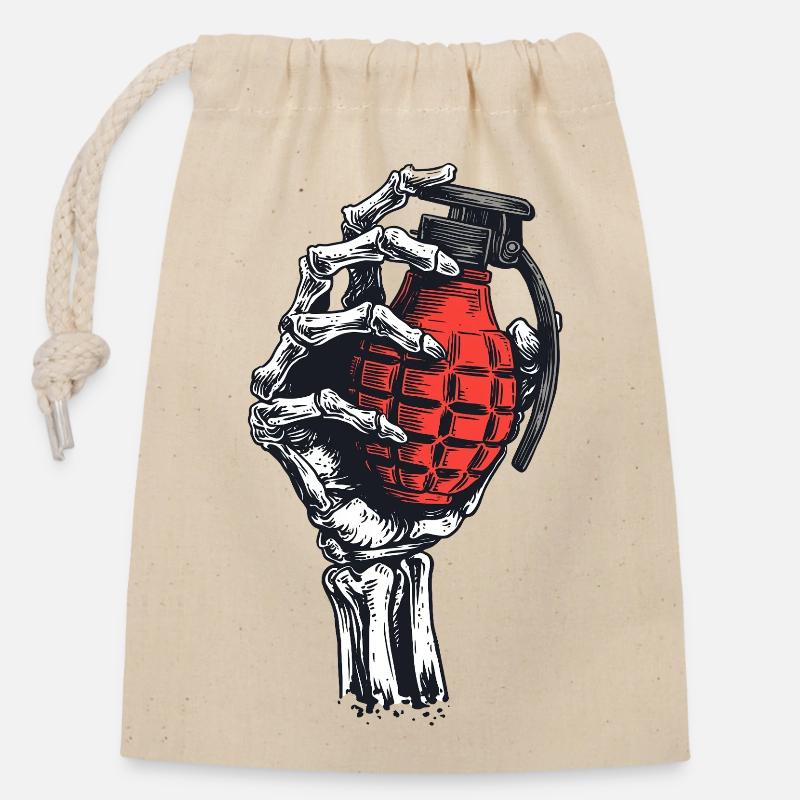 Grenade squelettique en main - Sac cadeau en coton avec cordon (14 x 20 cm) - nature