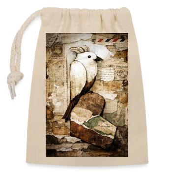 Weißer Papagei in Vintage-Collage - Verschließbarer Geschenkbeutel aus Baumwolle (14x20cm) - Natur - Vorne
