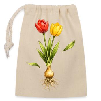 Zwei Tulpen mit sichtbarer Zwiebel und Wurzeln - Verschließbarer Geschenkbeutel aus Baumwolle (14x20cm) - Natur - Vorne