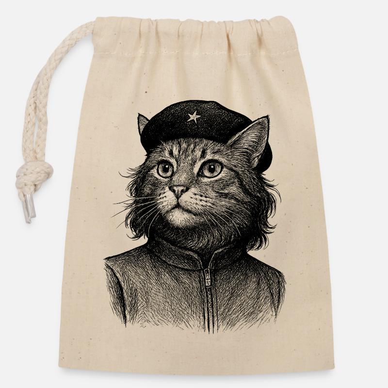 Cat with beret - Closable cotton gift bag (14x20cm) - nature