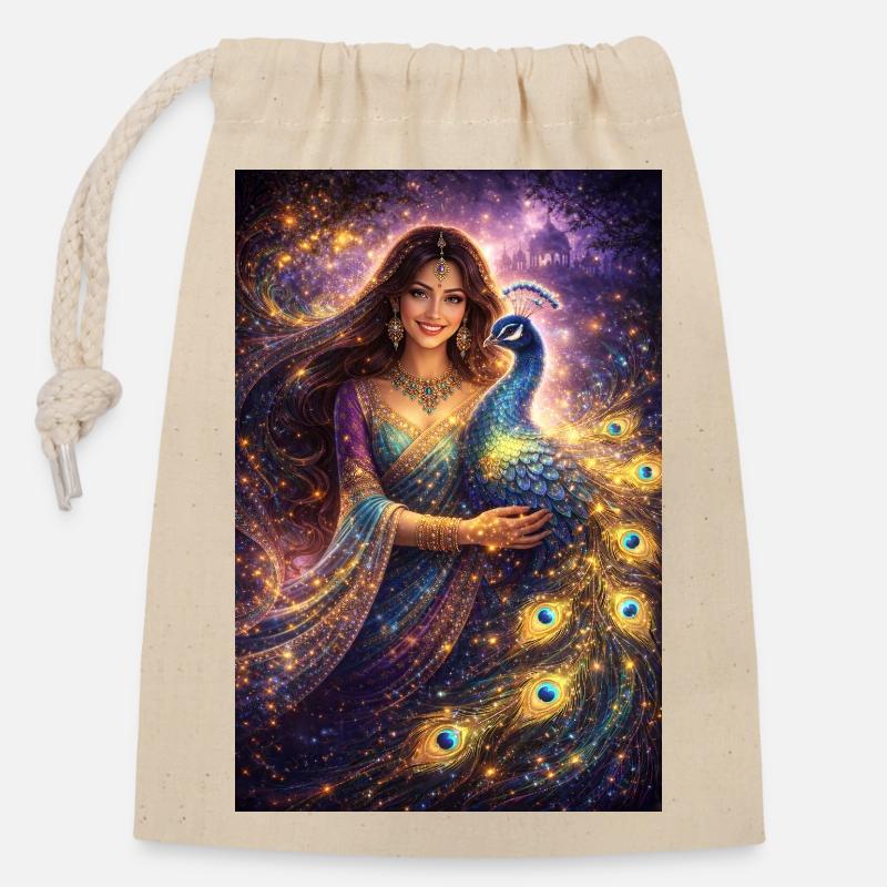 Femme indienne mystique avec un paon - Sac cadeau en coton avec cordon (14 x 20 cm) - nature