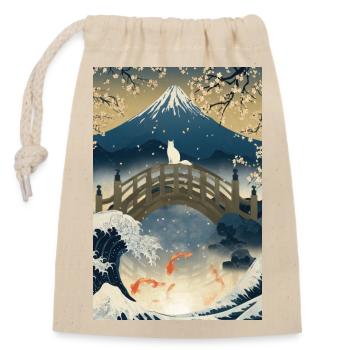 Chat sur le pont sous le mont Fuji Nuit - Sac cadeau en coton avec cordon (14 x 20 cm) - nature - Devant