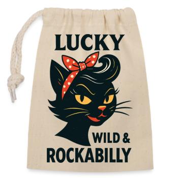 Lucky, Wild & Rockabilly: Schwarze Retro Katze - Verschließbarer Geschenkbeutel aus Baumwolle (14x20cm) - Natur - Vorne