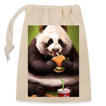Panda isst Fast Food - Verschließbarer Geschenkbeutel aus Baumwolle (14x20cm) - Natur - Vorne