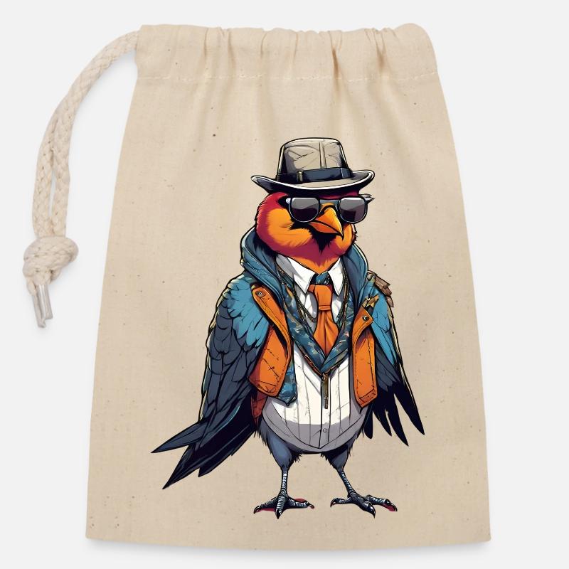 Oiseau cool - Sac cadeau en coton avec cordon (14 x 20 cm) - nature