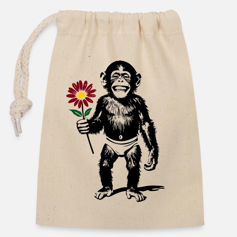 Monkey with Flower Valentine's Gift - Closable cotton gift bag (14x20cm) - nature