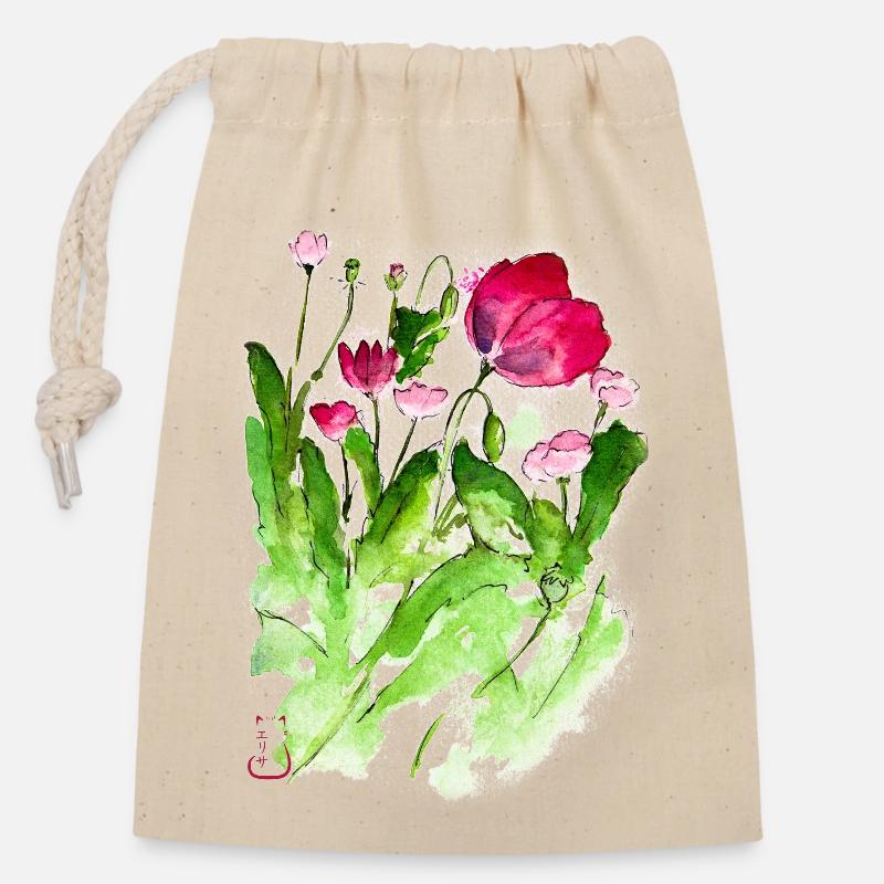 Coquelicots - Sac cadeau en coton avec cordon (14 x 20 cm) - nature