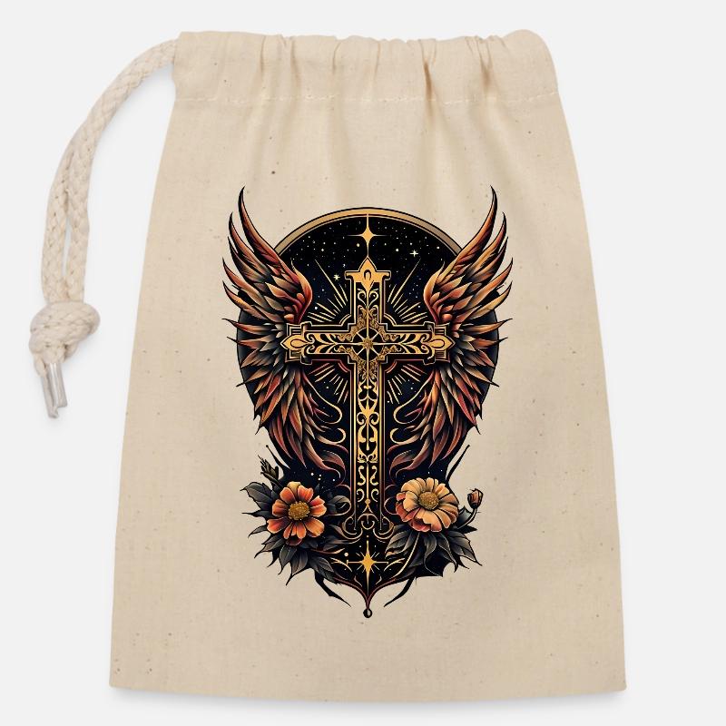 Un symbole de force : la croix ornée d’ailes - Sac cadeau en coton avec cordon (14 x 20 cm) - nature