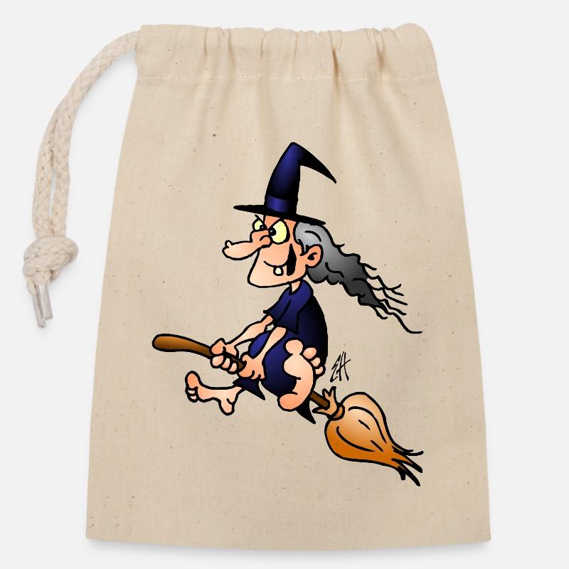 Sorcière sur un balai - Sac cadeau en coton avec cordon (14 x 20 cm) - nature