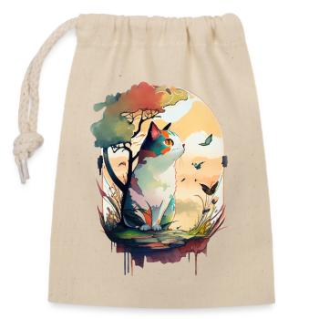 Chat et papillons sous l’arbre à l’aquarelle - Sac cadeau en coton avec cordon (14 x 20 cm) - nature - Devant